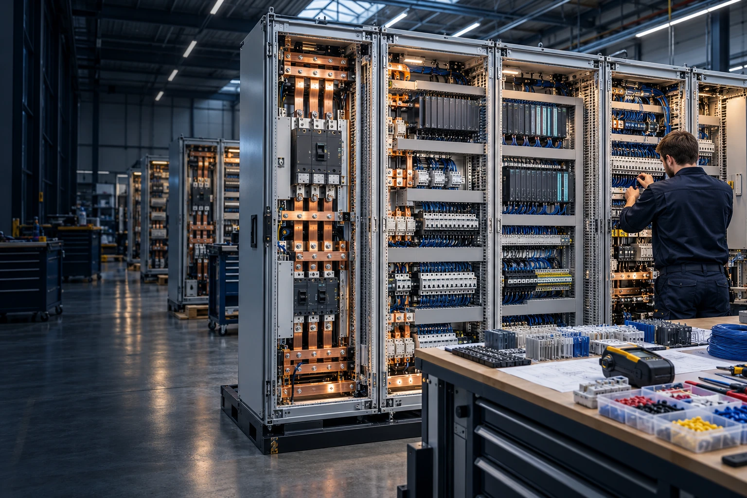 Illustrative assembly workshop with industrial control cabinets