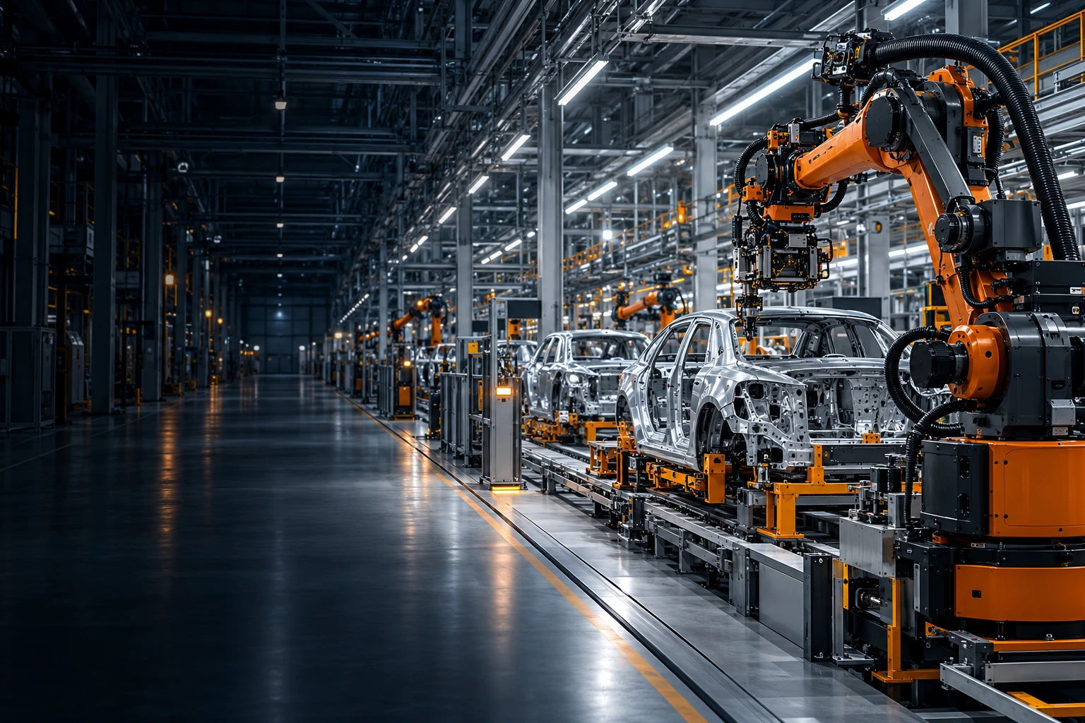 Illustrative automotive production hall with industrial robots