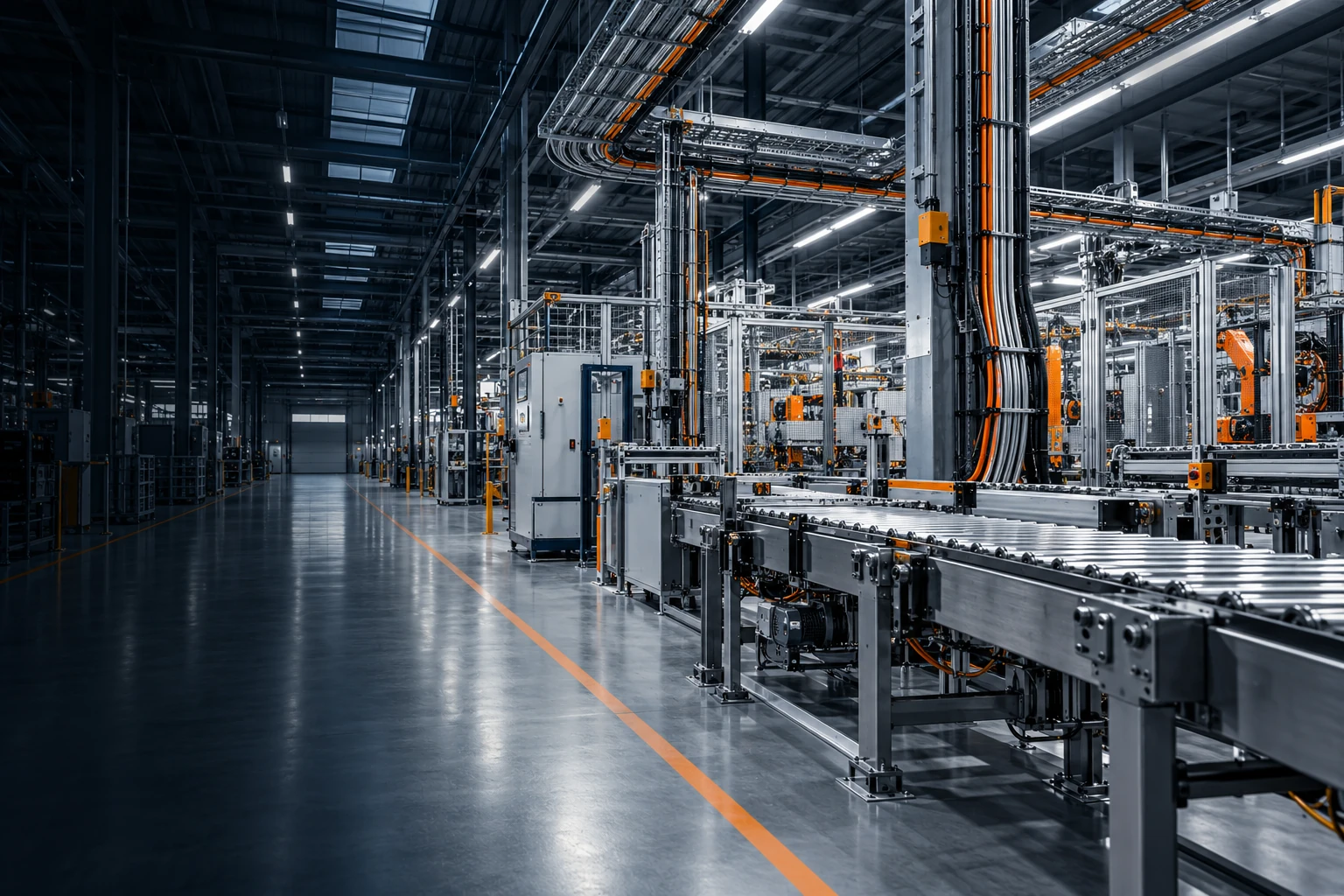 Illustrative industrial hall with professional electrical infrastructure